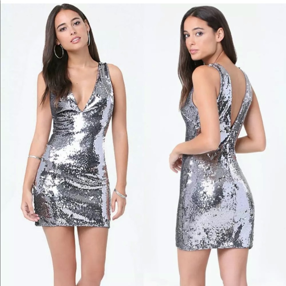 Bebe Silver Gray Sofia Double Deepv Sequined Dress - image 1